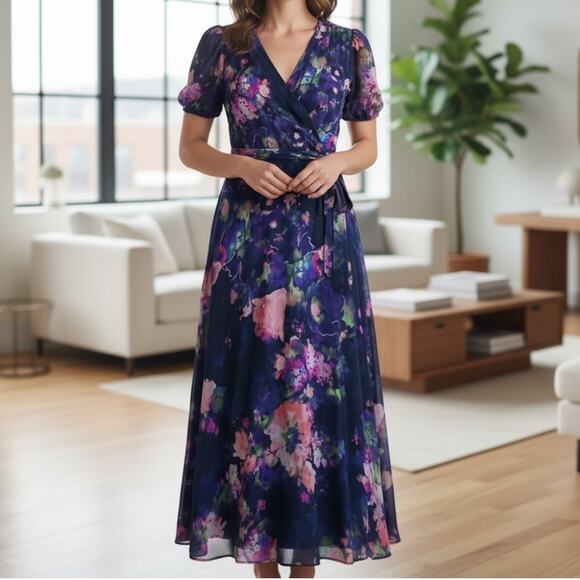 Womens Dress Size 8 Floral Short Sleeve Sheer Flowy Modest Romantic Cottage - Picture 1 of 7